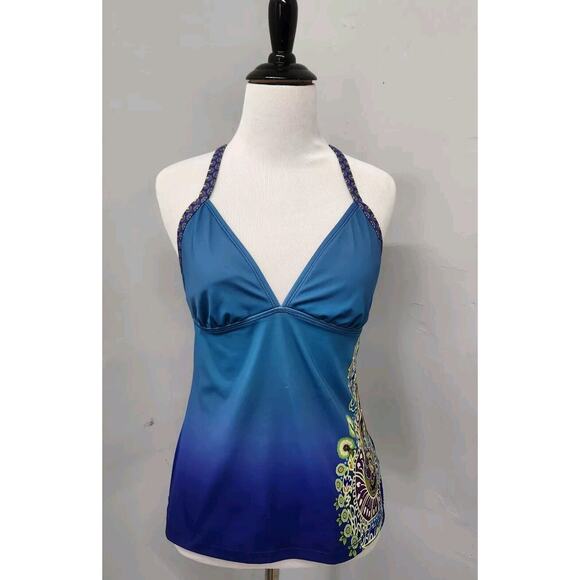 Athleta Tankini Swimsuit Racerback Padded Blue Medium #flaw - Picture 1 of 8